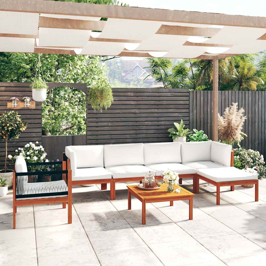 7 Piece Garden Lounge Set with Cushions Cream Wood Acacia&Rope
