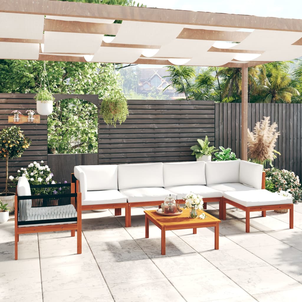 7 Piece Garden Lounge Set with Cushions Cream Wood Acacia&Rope