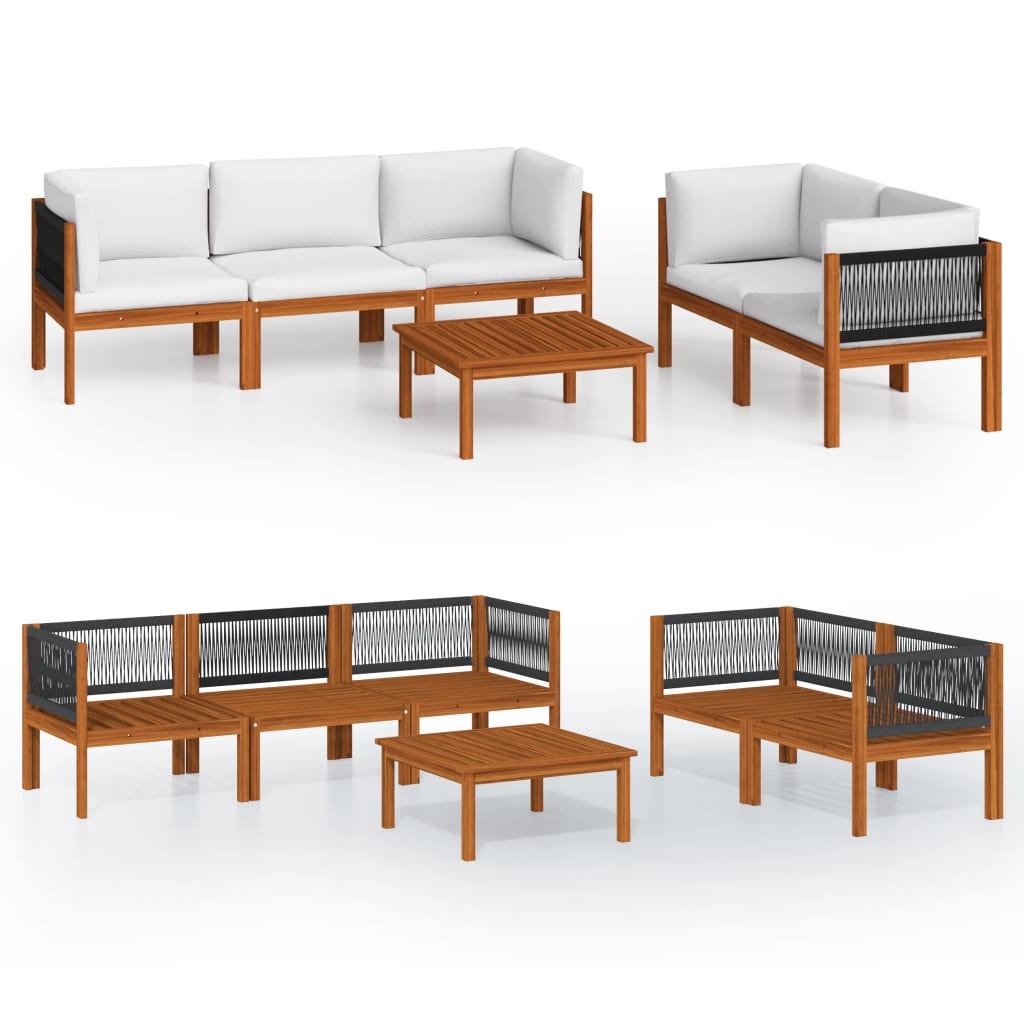 6 Piece Garden Lounge Set with Cushions Cream Wood Acacia&Rope