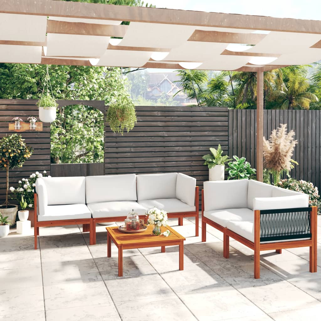 6 Piece Garden Lounge Set with Cushions Cream Wood Acacia&Rope