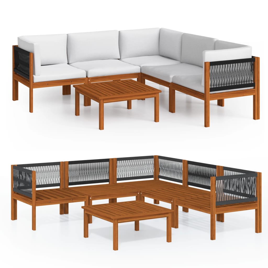 6 Piece Garden Lounge Set with Cushions Cream Wood Acacia&Rope