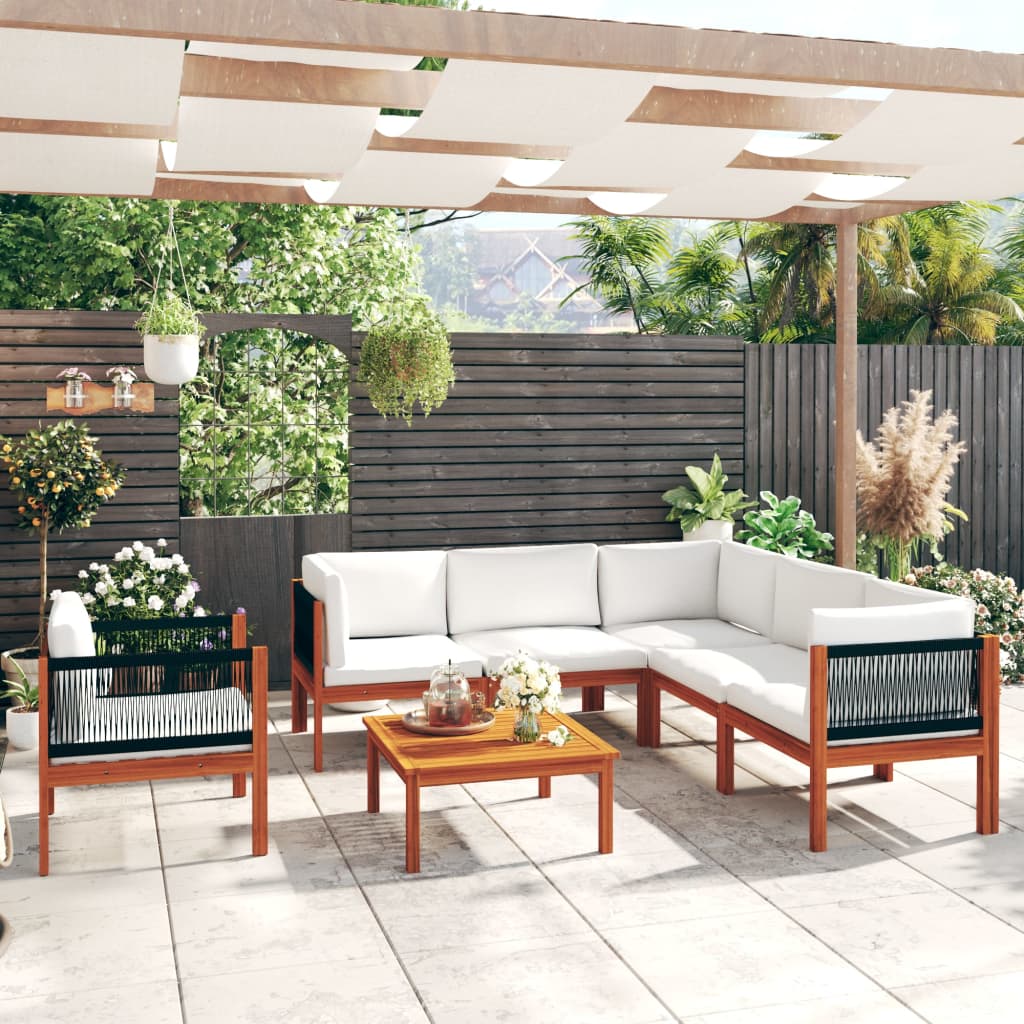 7 Piece Garden Lounge Set with Cushions Cream Wood Acacia&Rope