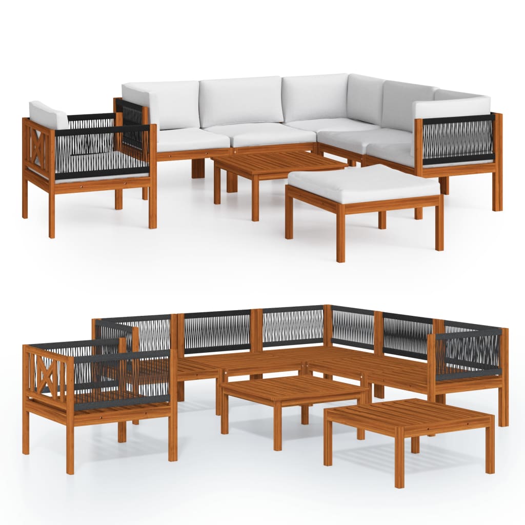 8 Piece Garden Lounge Set with Cushions Cream Wood Acacia&Rope