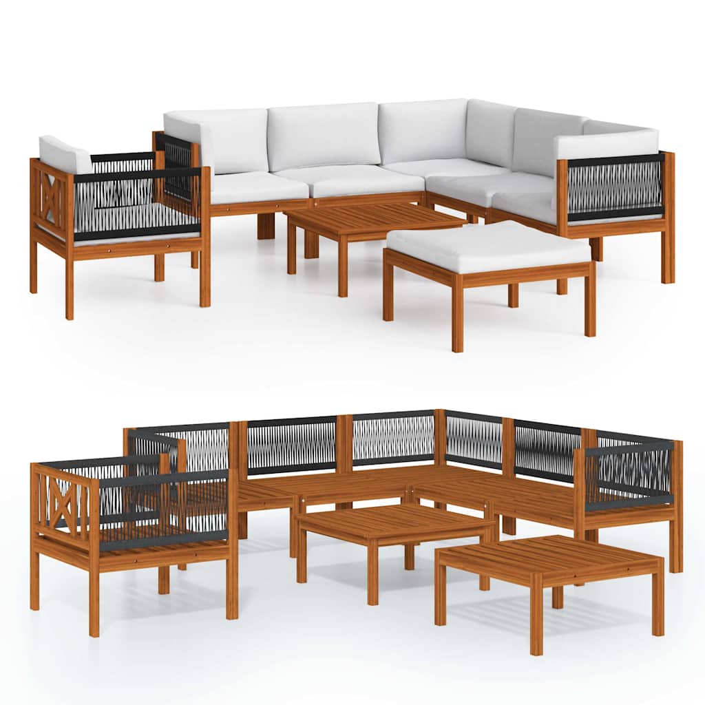 8 Piece Garden Lounge Set with Cushions Cream Wood Acacia&Rope