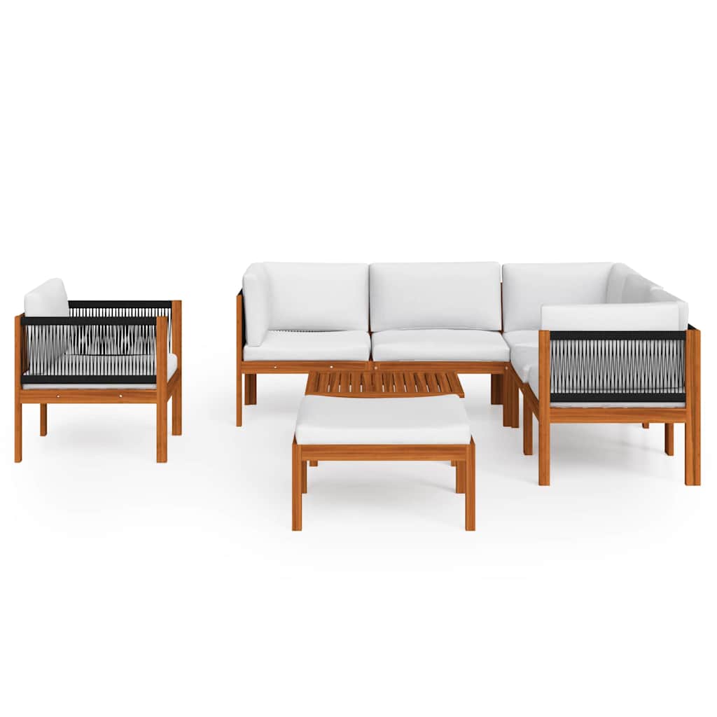 8 Piece Garden Lounge Set with Cushions Cream Wood Acacia&Rope