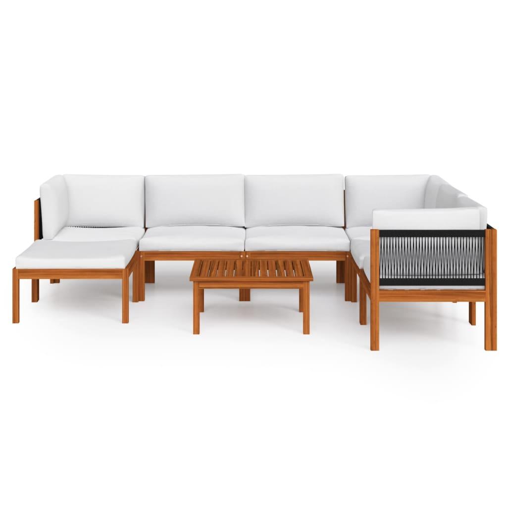 8 Piece Garden Lounge Set with Cushions Cream Wood Acacia&Rope