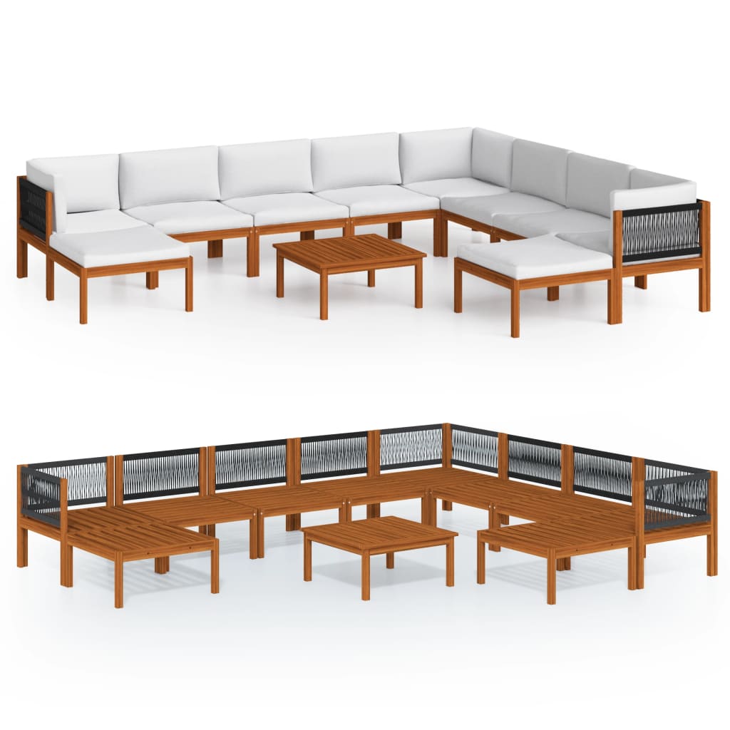 11 Piece Garden Lounge Set with Cushions Cream Wood Acacia&Rope