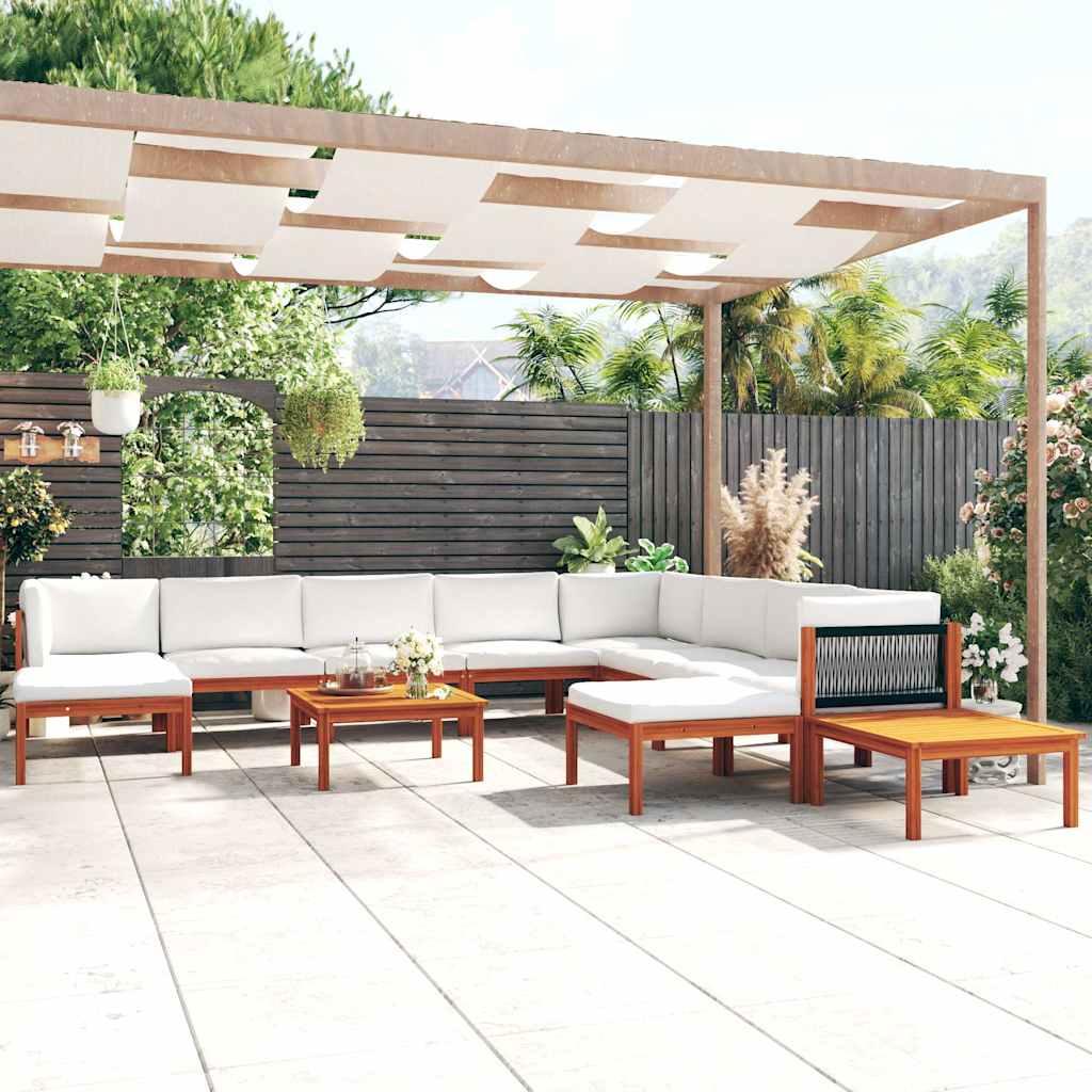 12 Piece Garden Lounge Set with Cushions Cream Wood Acacia&Rope