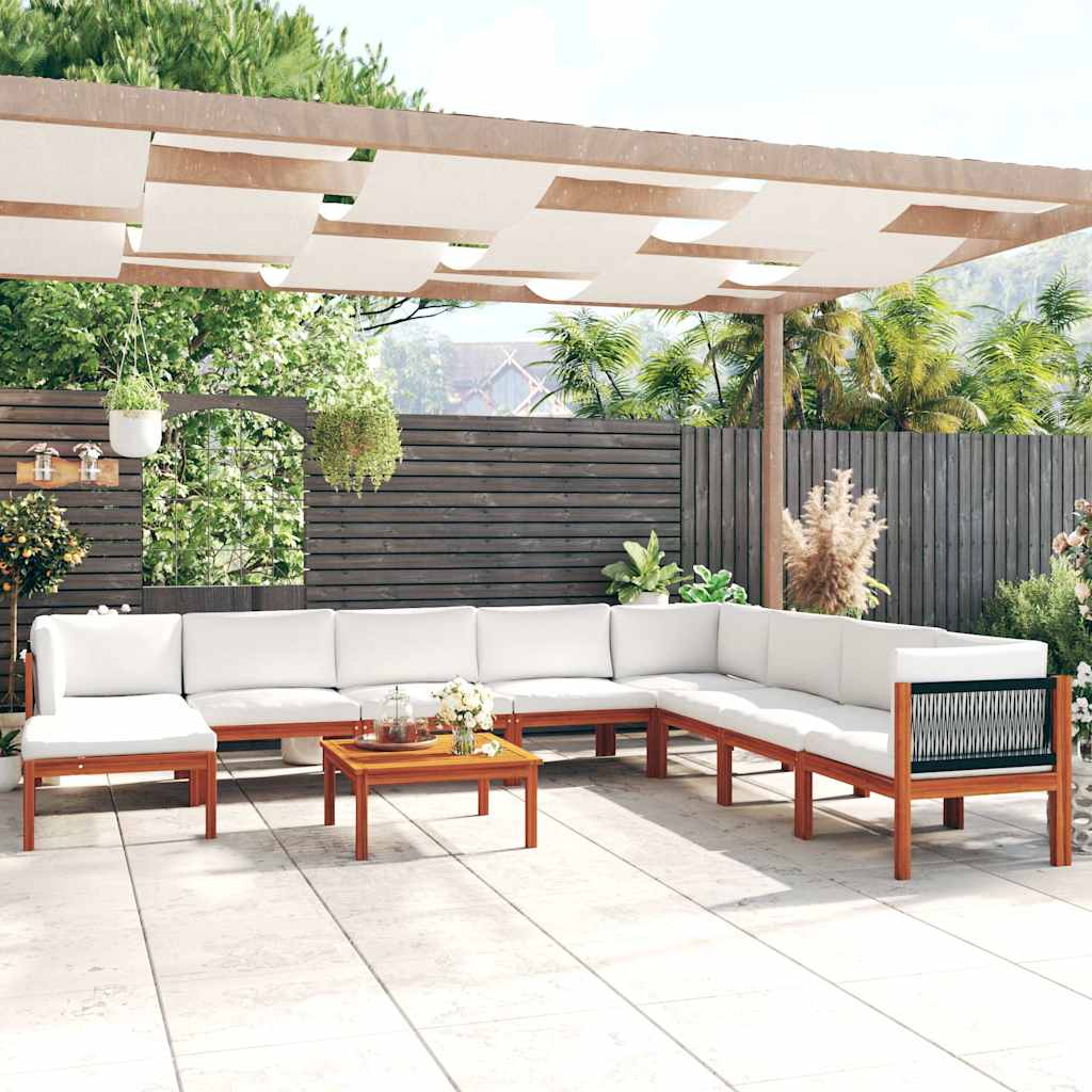 9 Piece Garden Lounge Set with Cushions Cream Wood Acacia&Rope
