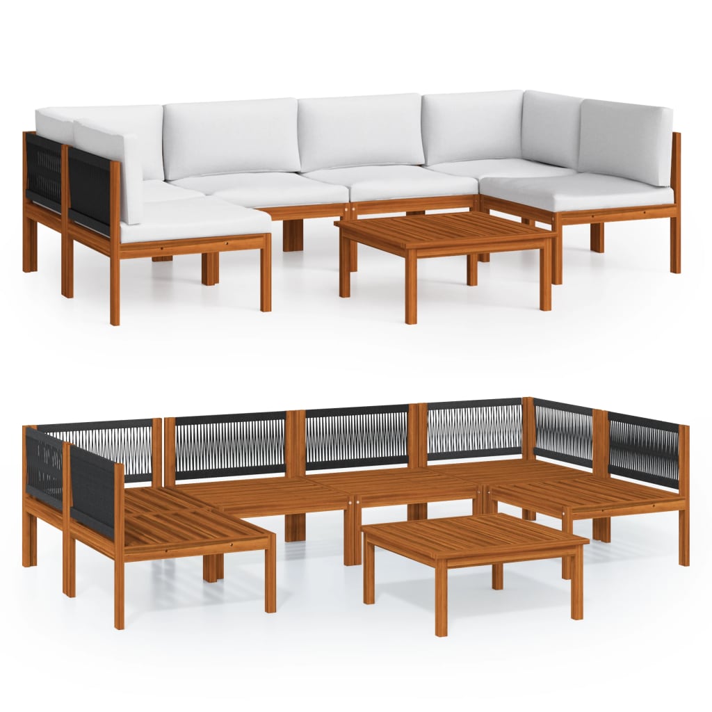 7 Piece Garden Lounge Set with Cushions Cream Wood Acacia&Rope