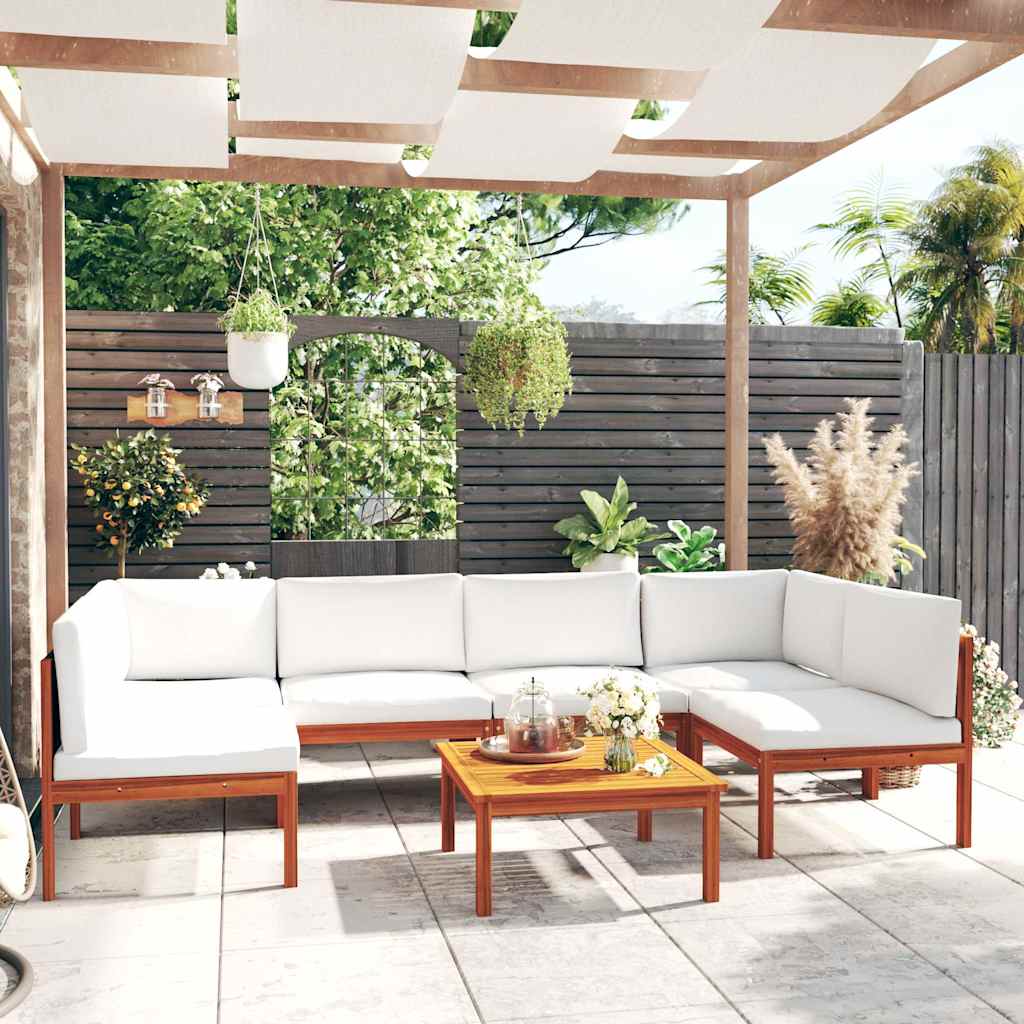 7 Piece Garden Lounge Set with Cushions Cream Wood Acacia&Rope