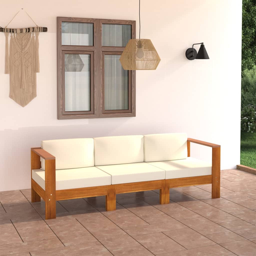 3-Seater Garden Sofa with Cream White Cushions