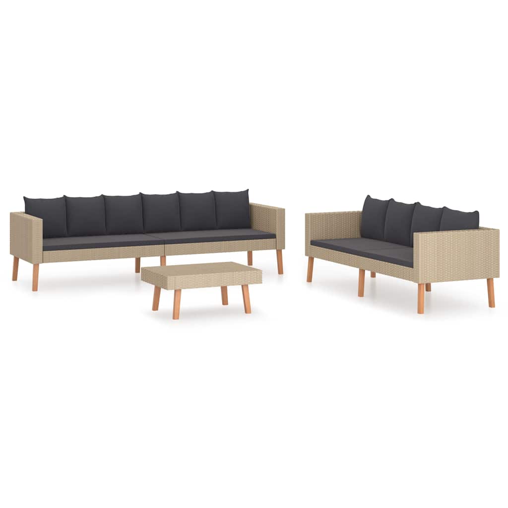 3 Piece Garden Lounge Set with Cushions Poly Rattan Beige