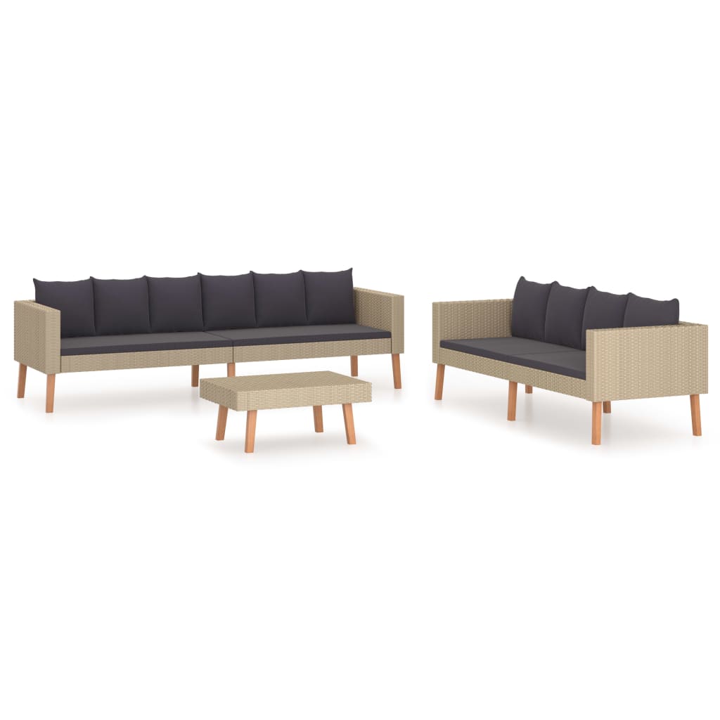 3 Piece Garden Lounge Set with Cushions Poly Rattan Beige