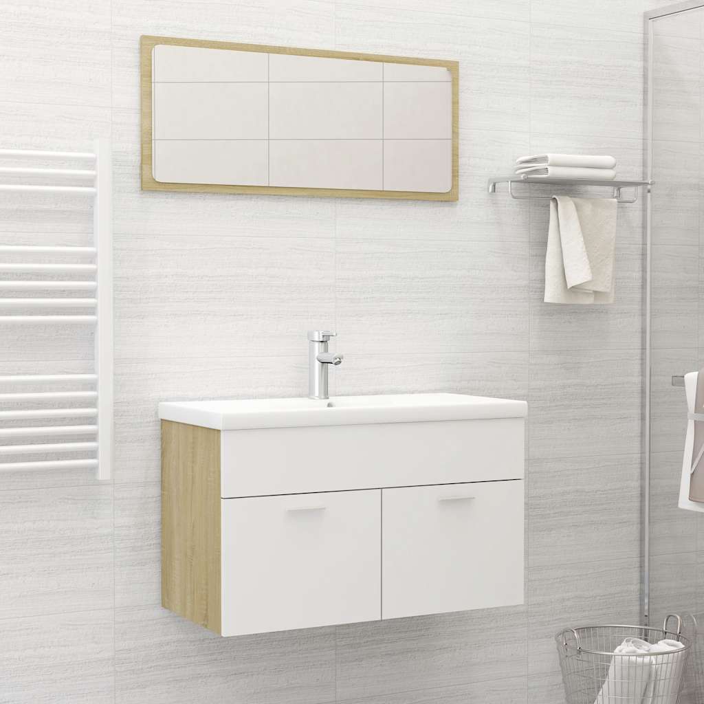 2 Piece Bathroom Furniture Set White and Sonoma Oak Engineered Wood