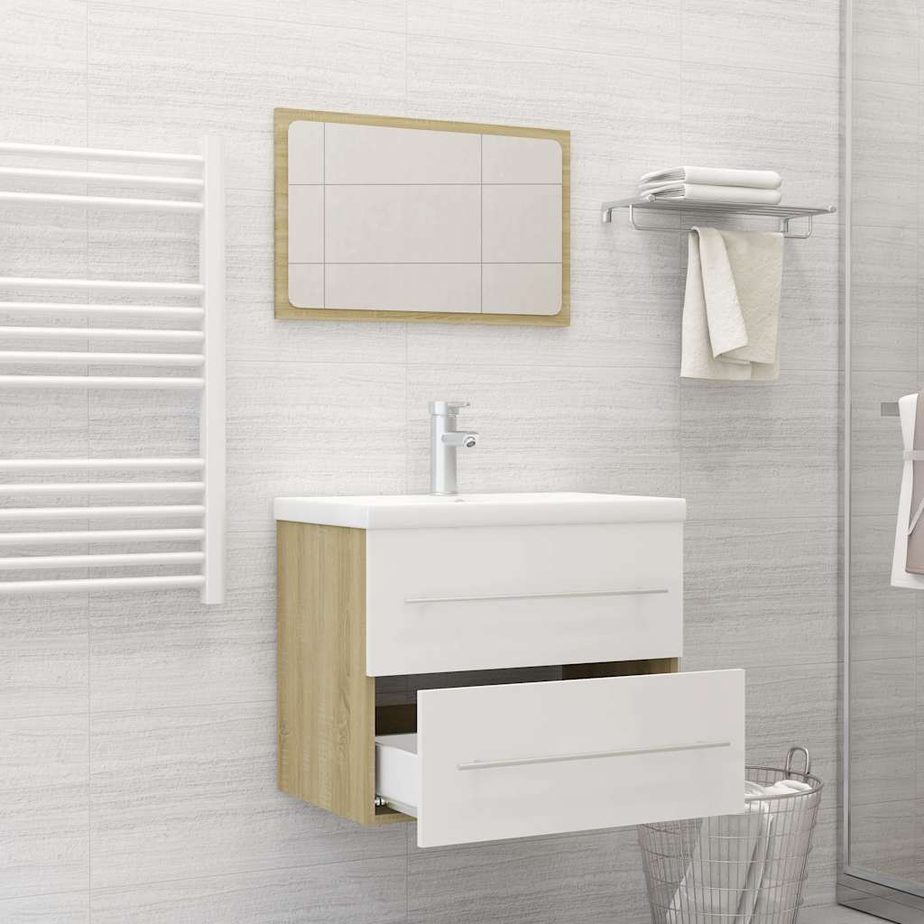 2 Piece Bathroom Furniture Set White and Sonoma Oak Engineered Wood