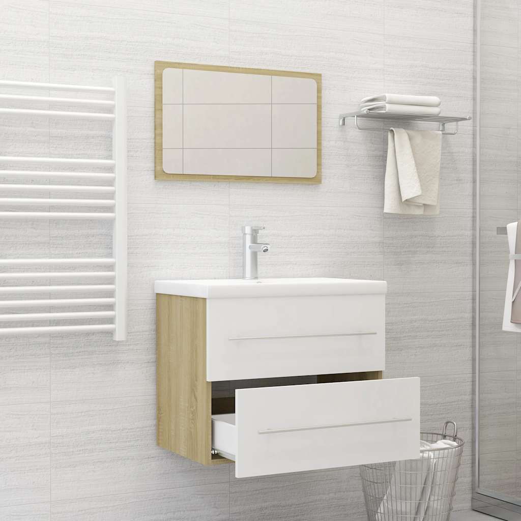 2 Piece Bathroom Furniture Set White and Sonoma Oak Engineered Wood