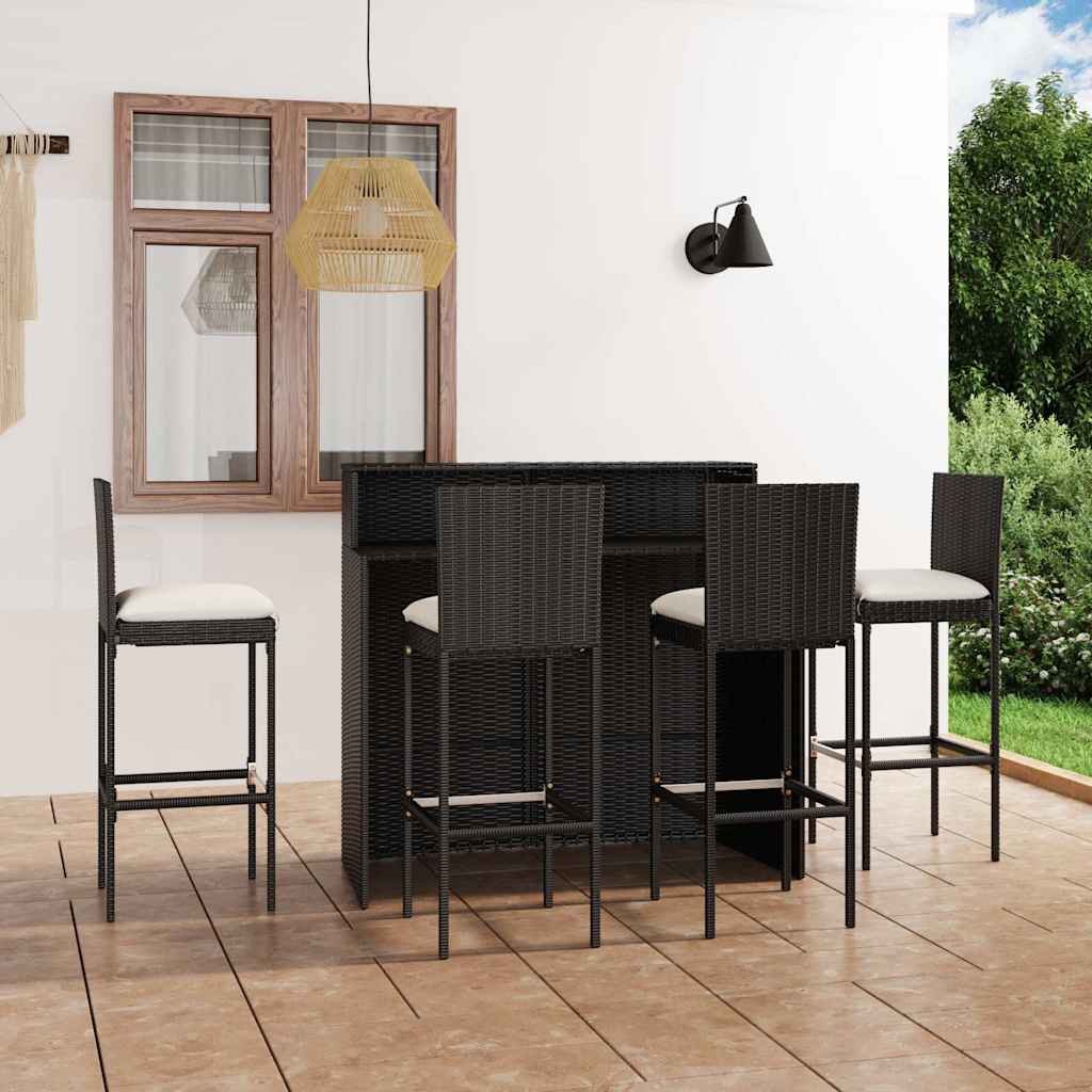 5 Piece Garden Bar Set with Cushions Black