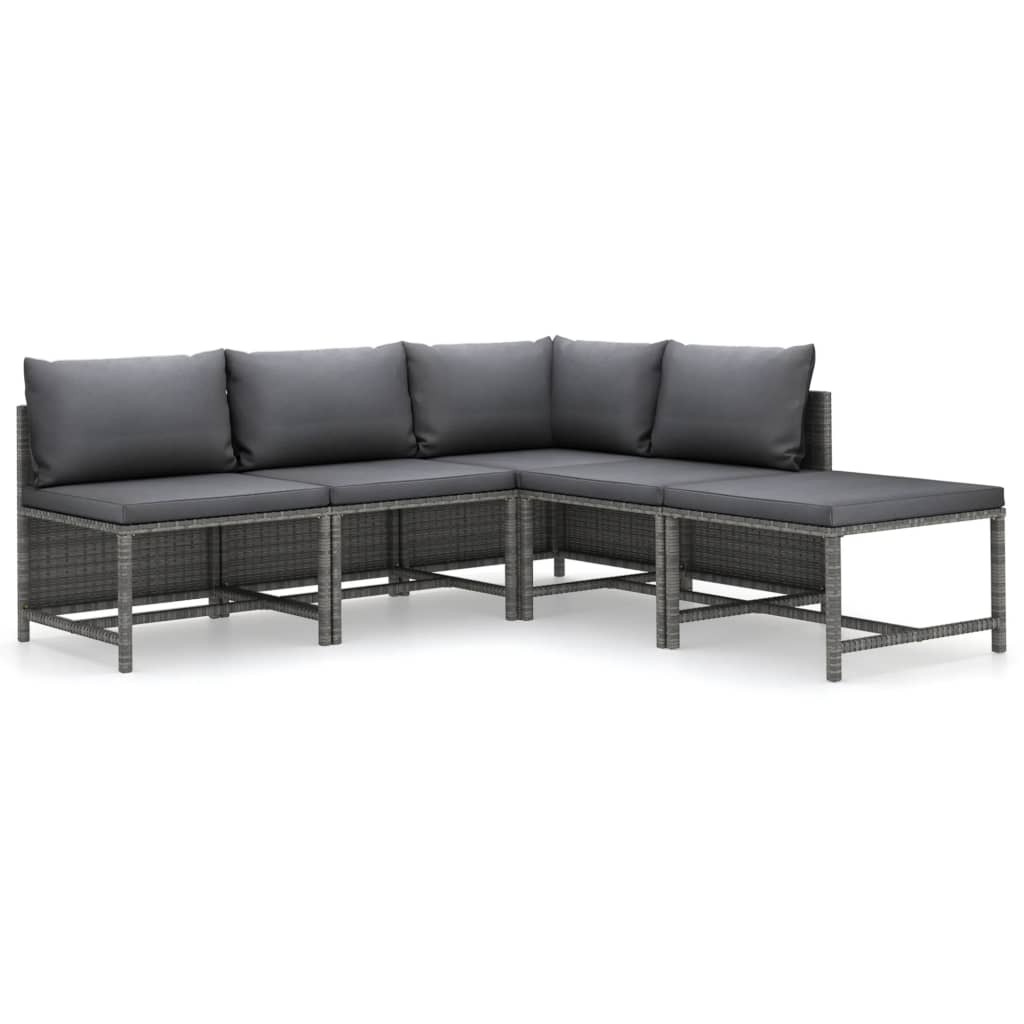 5 Piece Garden Lounge Set with Cushions Poly Rattan Grey
