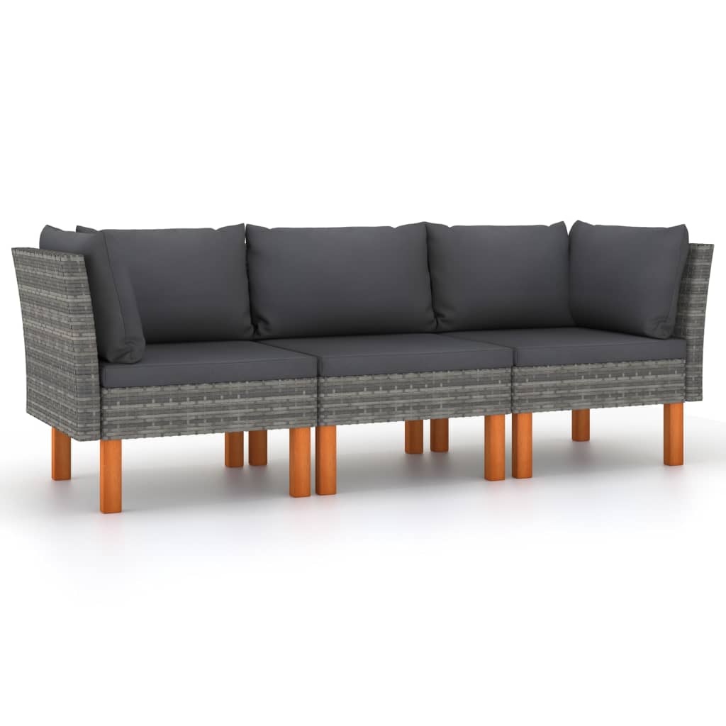 3-Seater Garden Sofa with Cushions Grey Poly Rattan