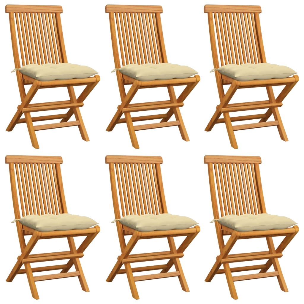 Garden Chairs with Cream White Cushions 6 pcs Solid Teak Wood