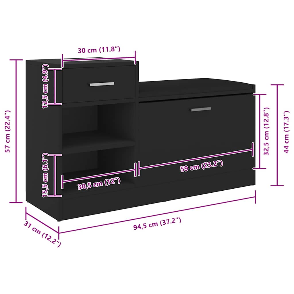 Shoe Bench Black 94.5x31x57 cm Engineered Wood