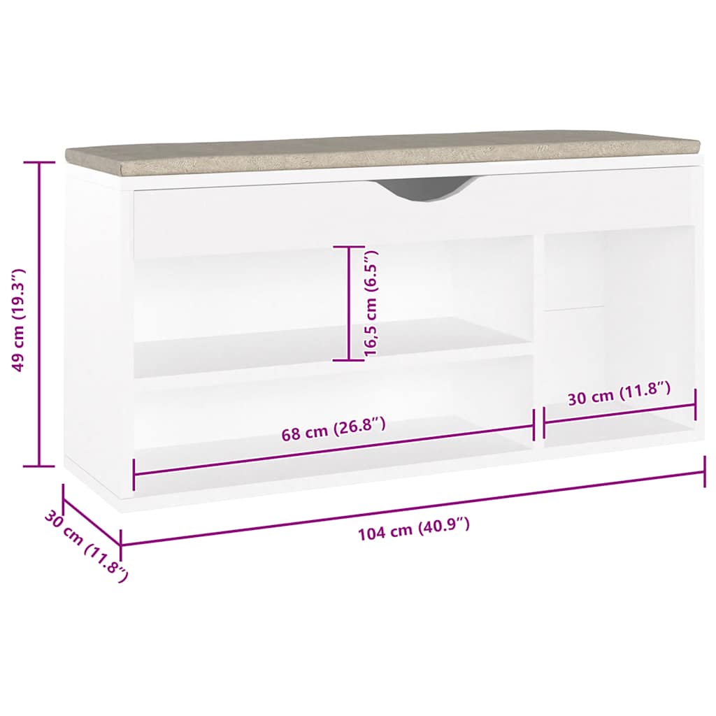Shoe Bench with Cushion White 104x30x49 cm Engineered Wood
