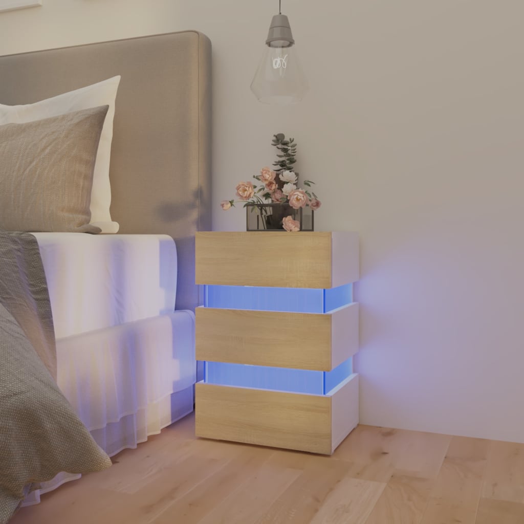 LED Bedside Cabinet White and Sonoma Oak 45x35x67 cm