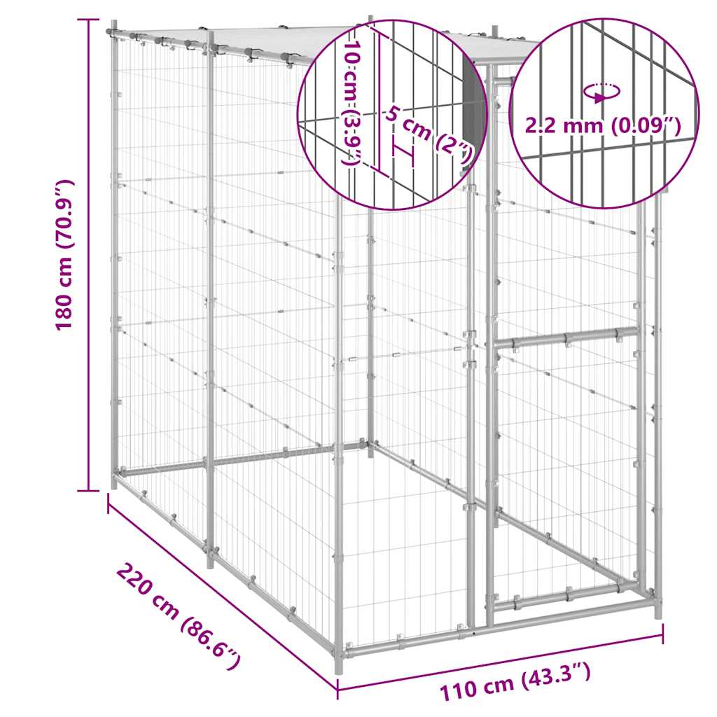 Outdoor Dog Kennel Galvanised Steel with Roof 110x220x180 cm