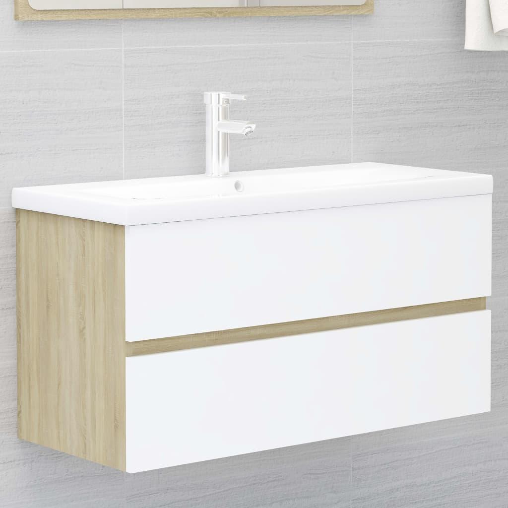 Bathroom Furniture Set White and Sonoma Oak Engineered Wood