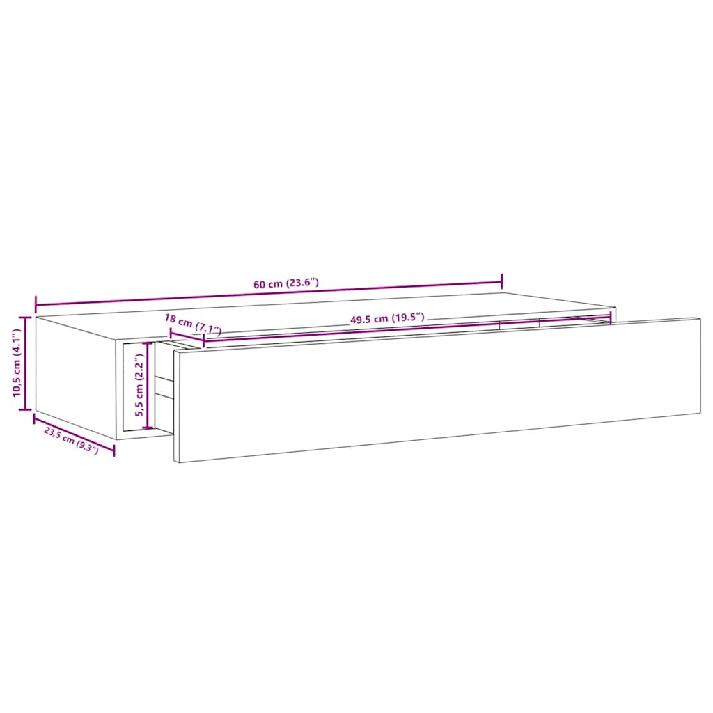 Wall-mounted Drawer Shelf Black 60x23.5x10cm MDF