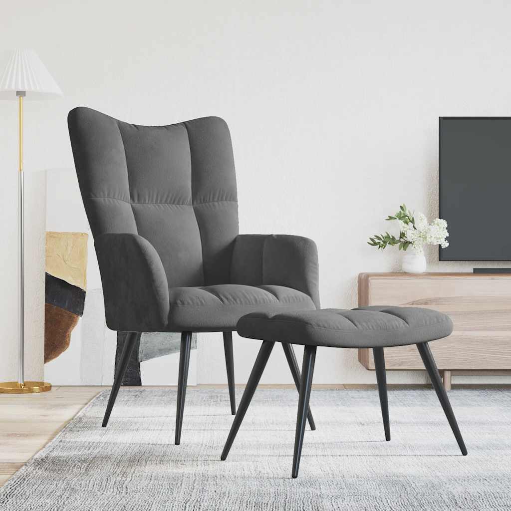 Relaxing Chair with a Stool Dark Grey Velvet