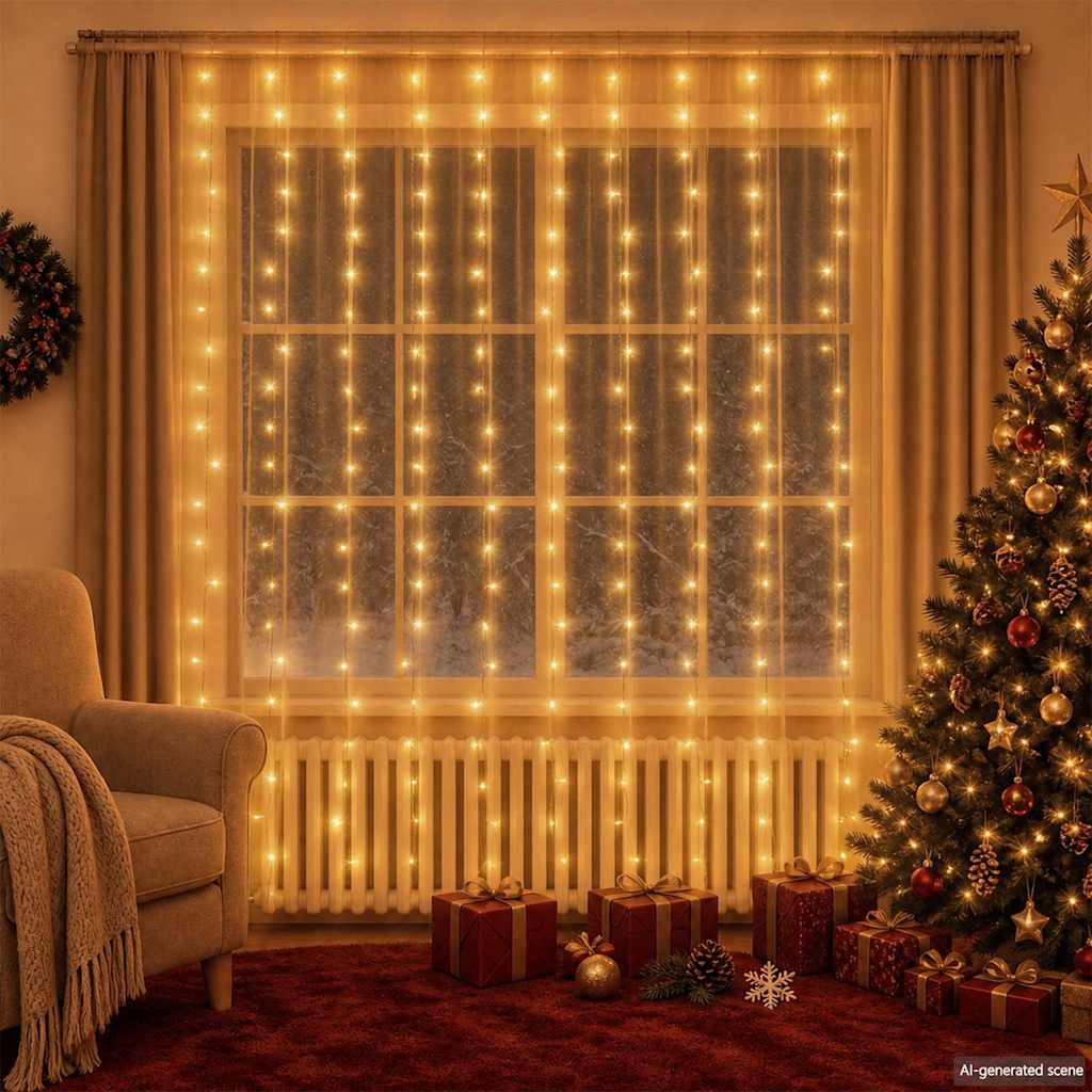 LED Curtain Fairy Lights 3x3m 300 LED Warm White 8 Function