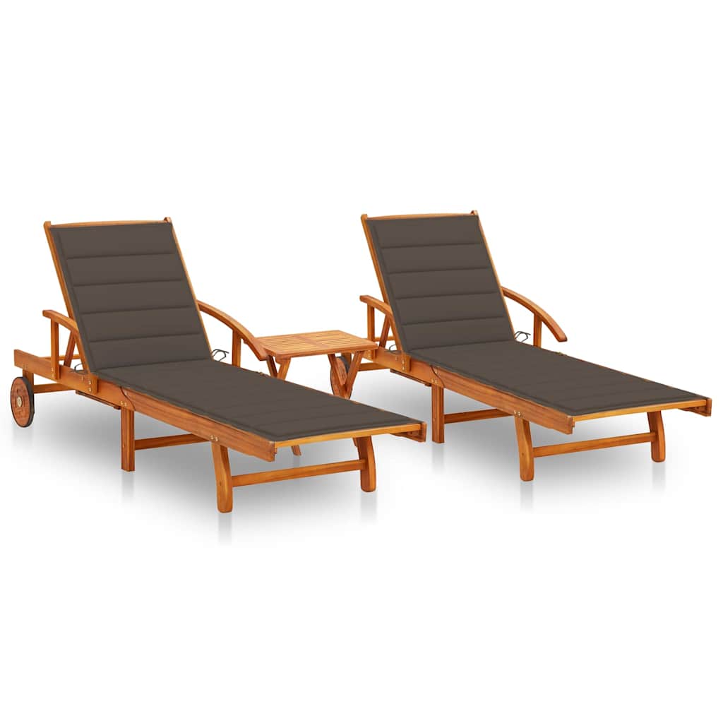 Sun Loungers 2 pcs with Table and Cushions Solid Acacia Wood