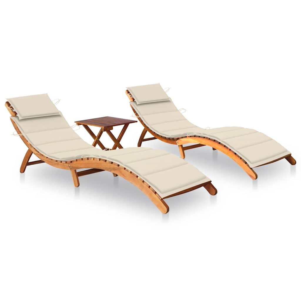 Sun Loungers 2 pcs with Table and Cushions Solid Wood Acacia