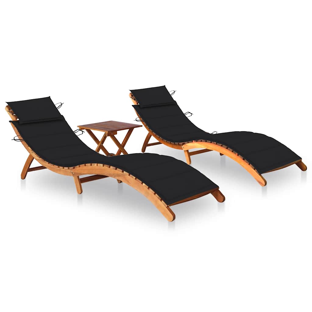 Sun Loungers 2 pcs with Table and Cushions Solid Wood Acacia