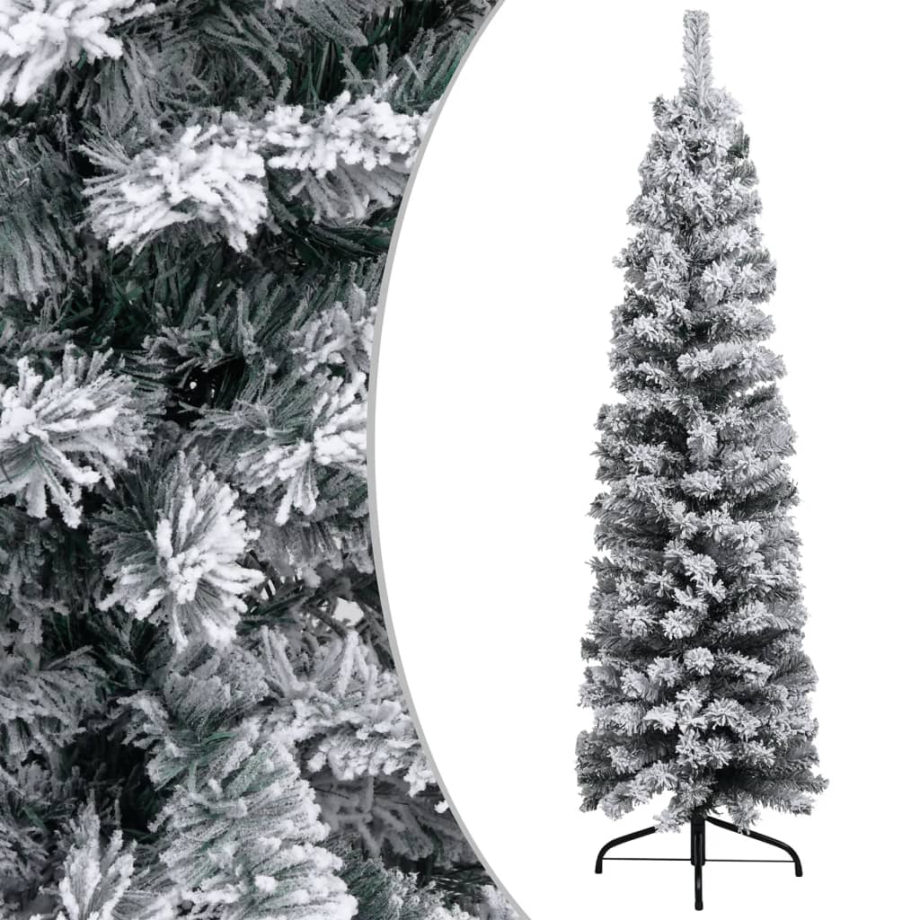 Slim Pre-lit Christmas Tree with Flocked Snow Green 120 cm PVC