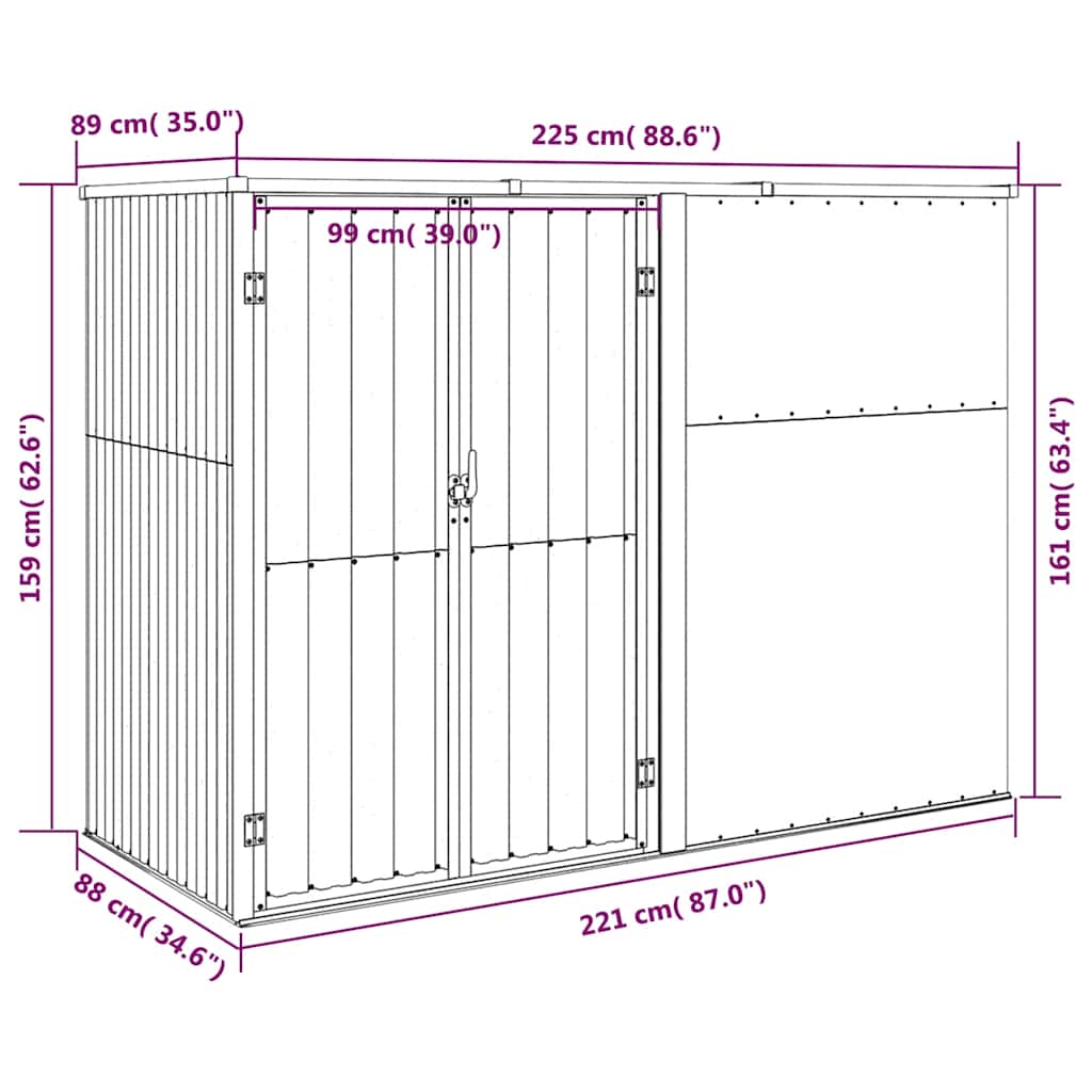 Garden Tool Shed Brown 225x89x161 cm Galvanised Steel