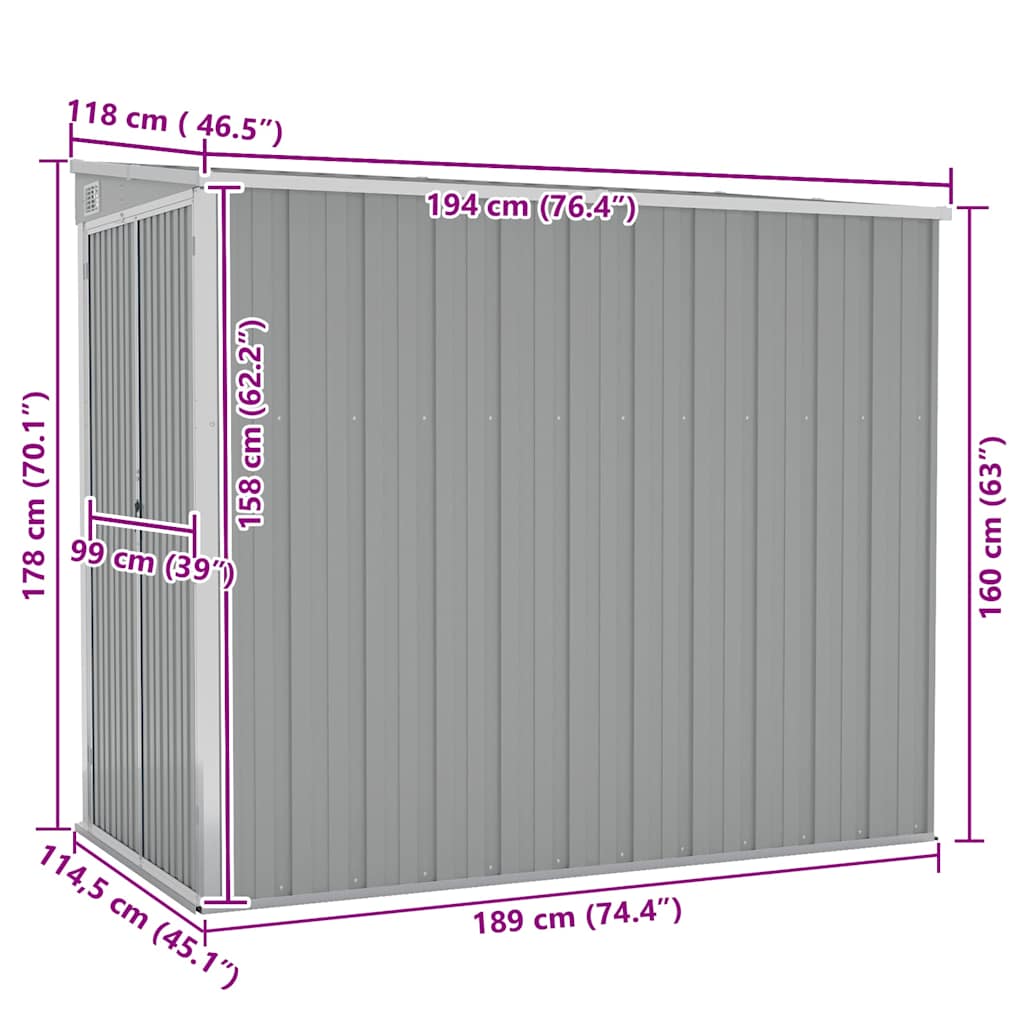 Wall-mounted Garden Shed Grey 118x194x178 cm Galvanised Steel