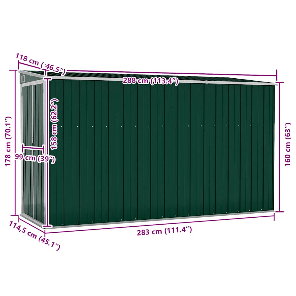 Wall-mounted Garden Shed Green 118x288x178 cm Galvanised Steel