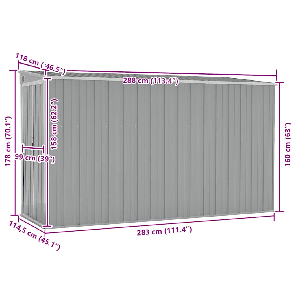 Wall-mounted Garden Shed Grey 118x288x178 cm Galvanised Steel