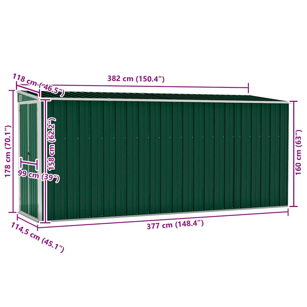 Wall-mounted Garden Shed Green 118x382x178 cm Galvanised Steel