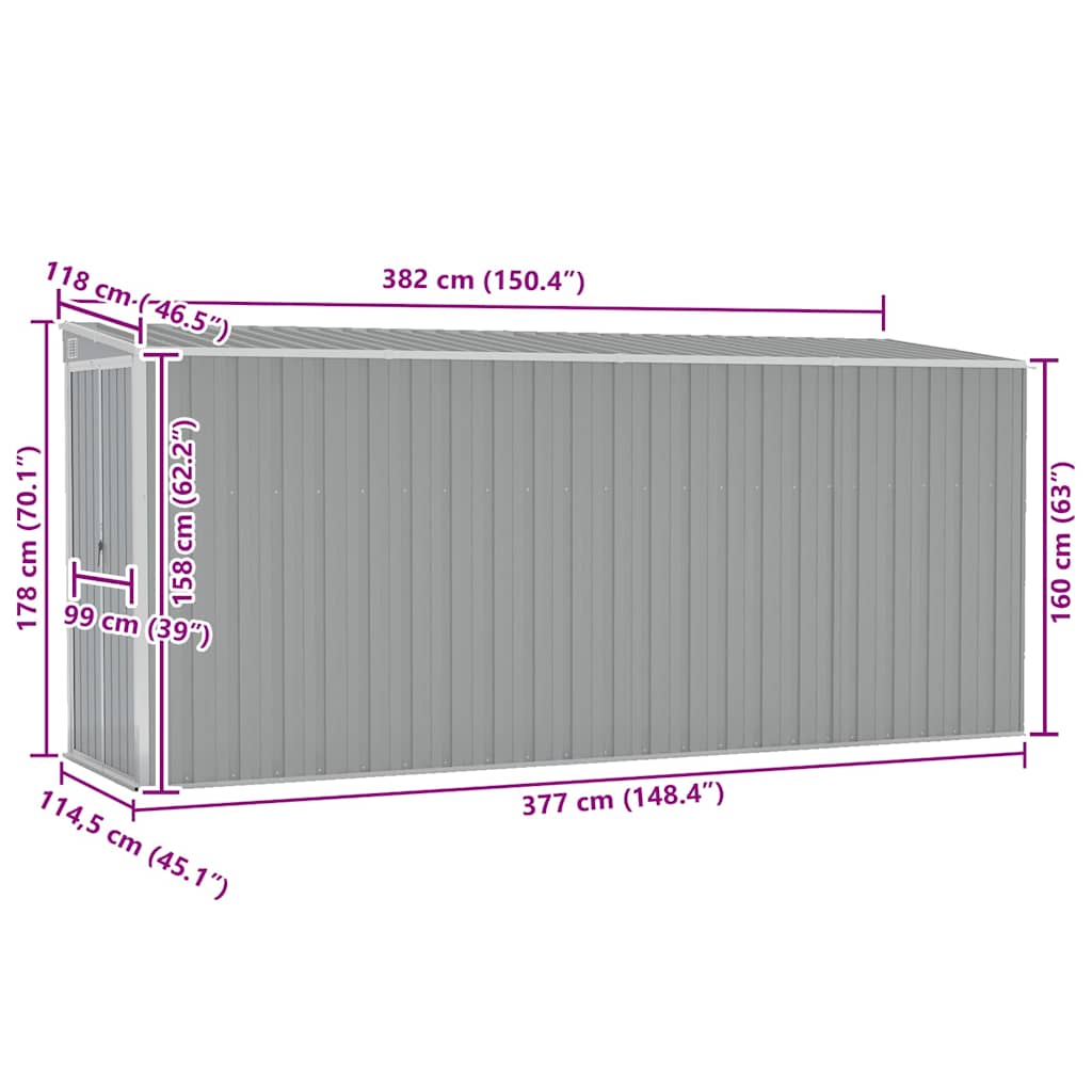 Wall-mounted Garden Shed Grey 118x382x178 cm Galvanised Steel