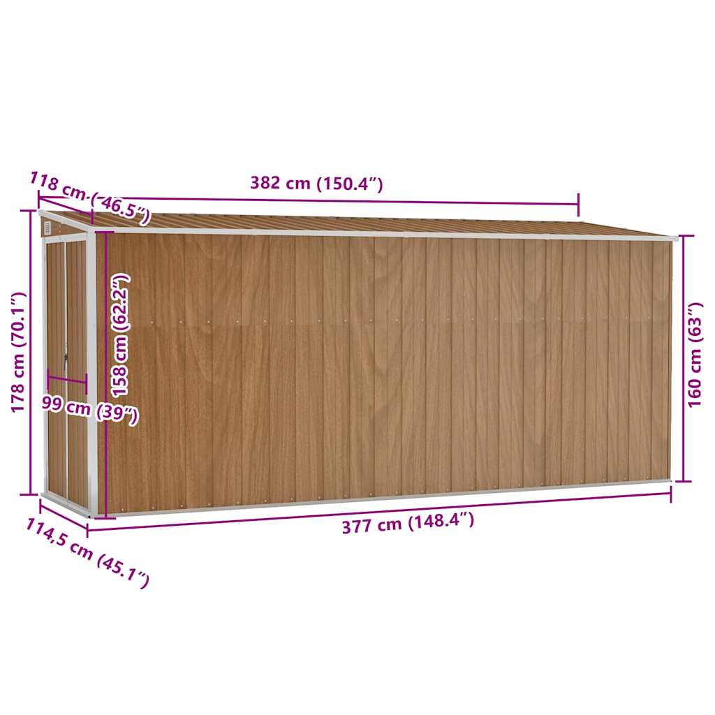 Wall-mounted Garden Shed Brown 118x382x178 cm Galvanised Steel