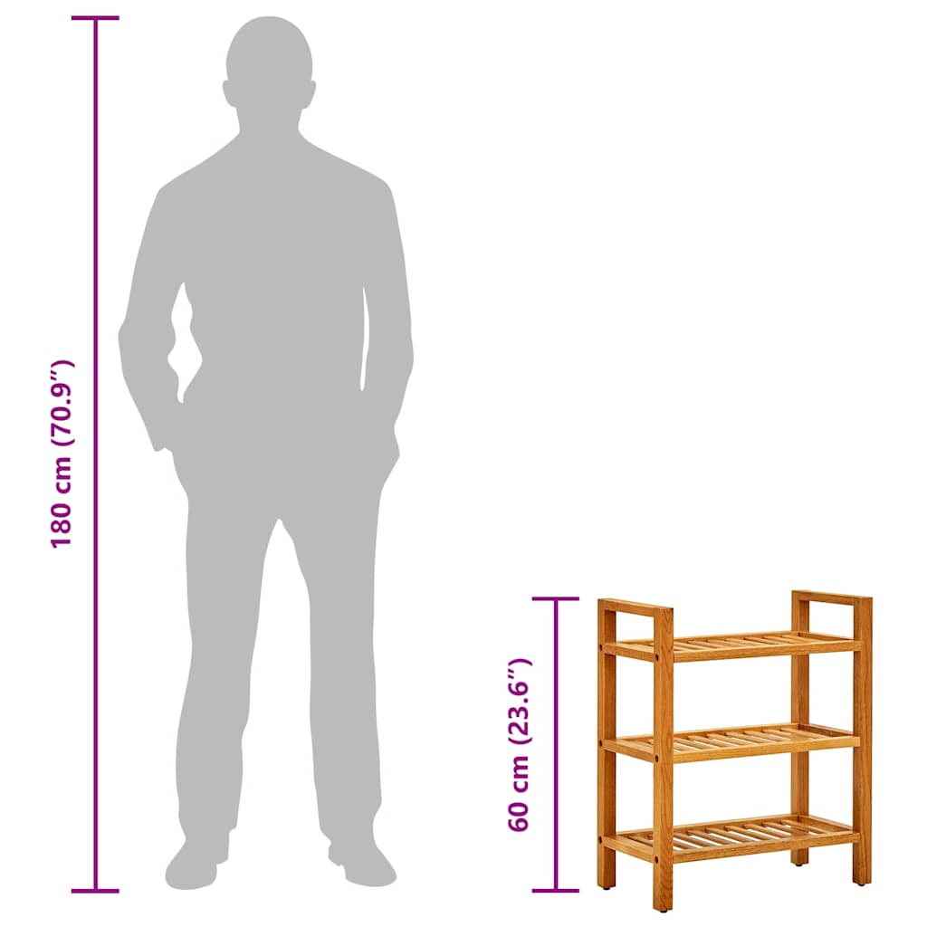 Shoe Rack with 3 Shelves 50x27x60 cm Solid Oak Wood