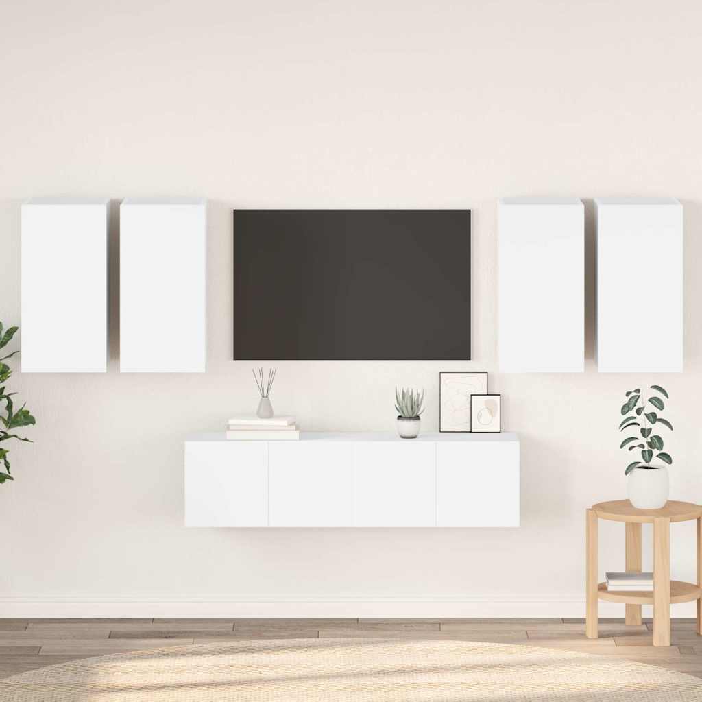6 Piece TV Cabinet Set White Engineered Wood