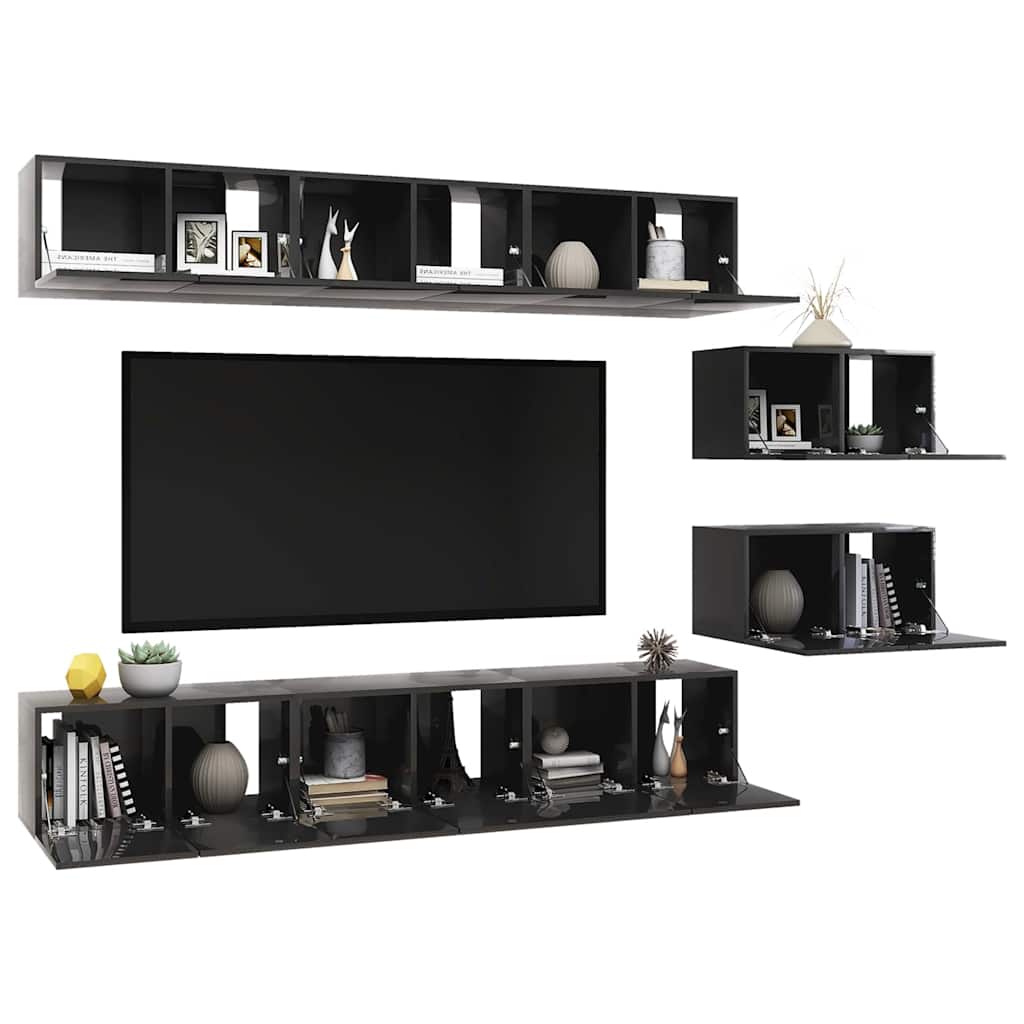 8 Piece Wall-mounted TV Cabinet Set High Gloss Grey Engineered Wood