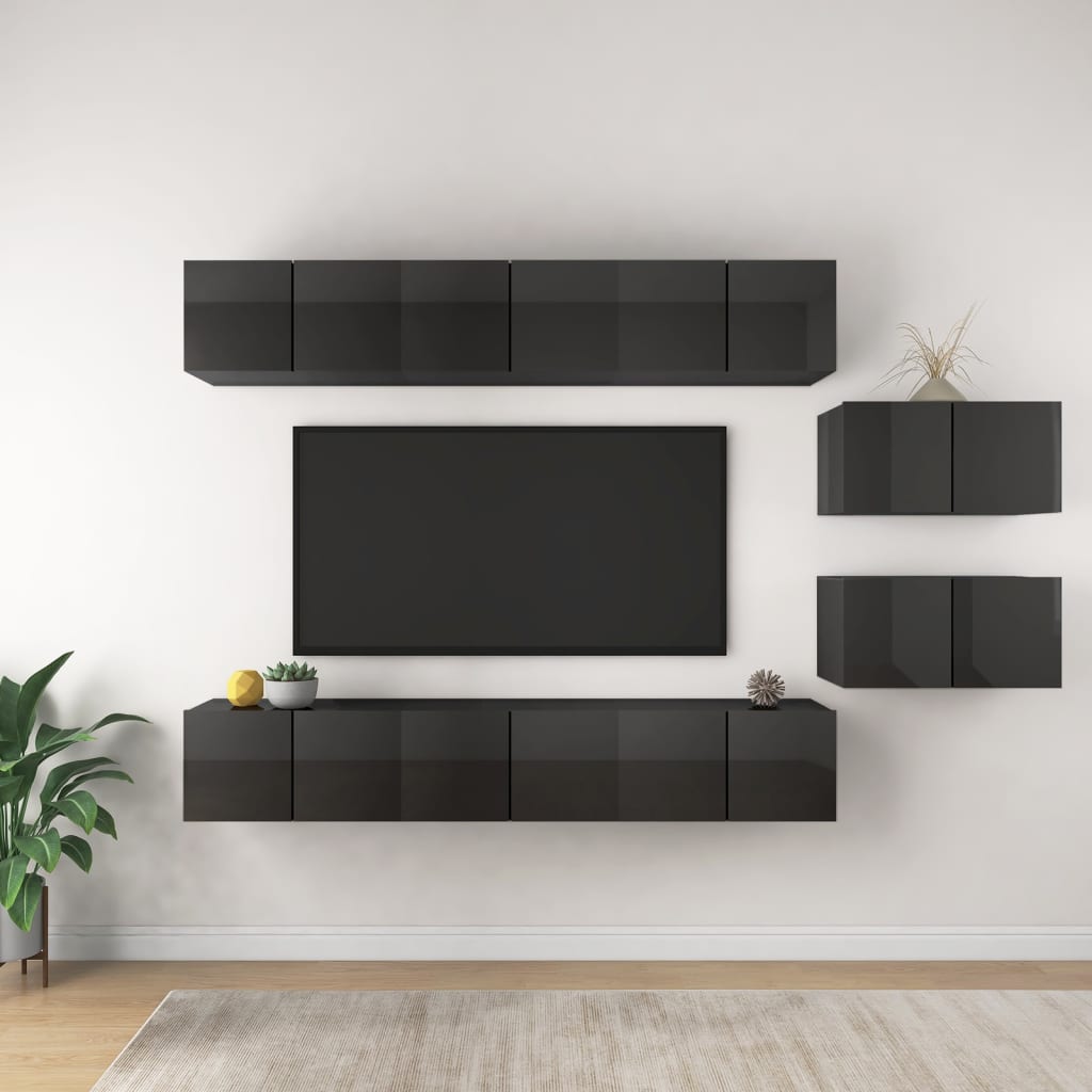 8 Piece Wall-mounted TV Cabinet Set High Gloss Grey Engineered Wood