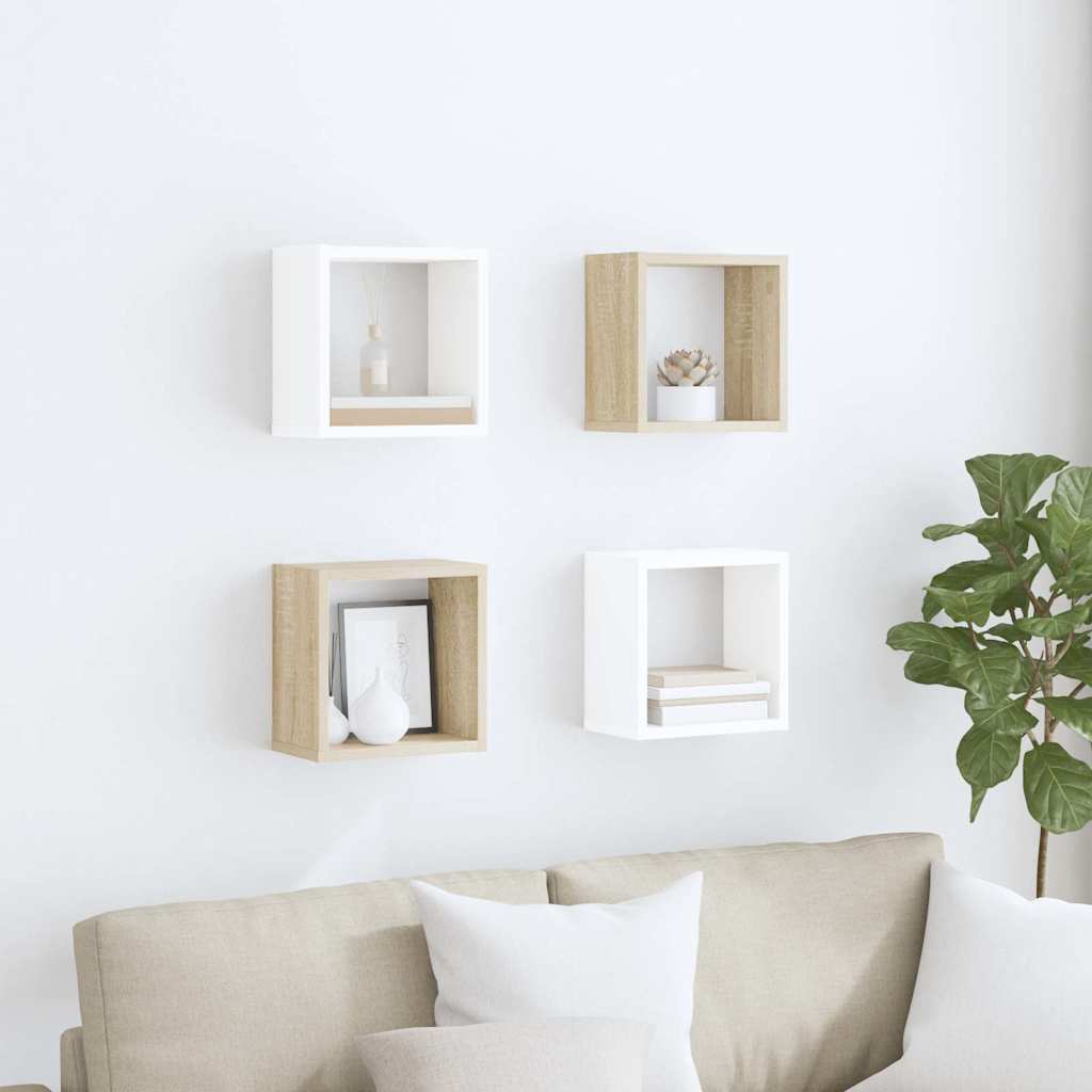 Wall Cube Shelves 4 pcs White and Sonoma Oak 26x15x26 cm
