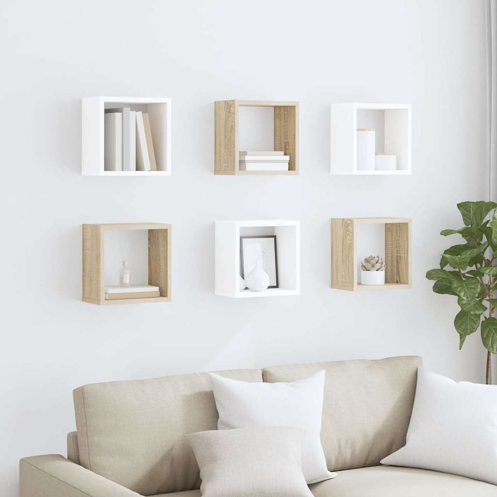 Wall Cube Shelves 6 pcs White and Sonoma Oak 26x15x26 cm